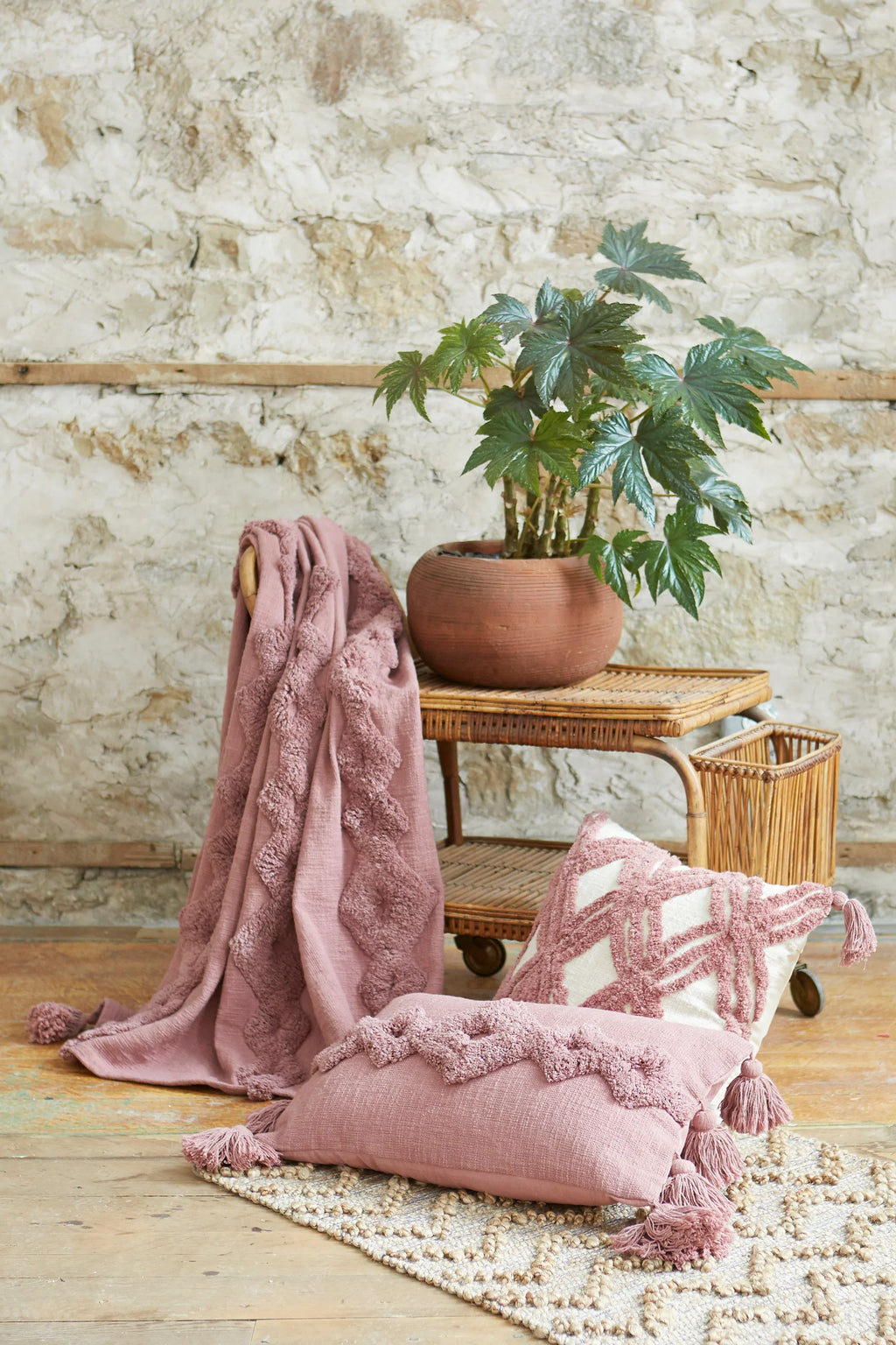 Faded Mauve - Diamond Striped Tufted Cotton Throw